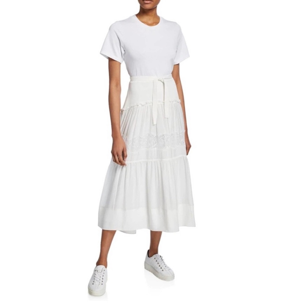 3.1 Phillip Lim Belted Tee Dress with Tiered Lace Insert Skirt White/Cream US4